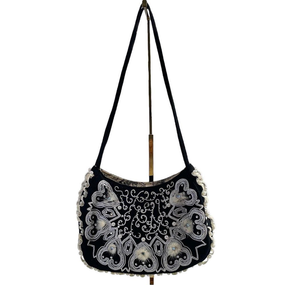 Vintage Braciano Shoulder Bag Embellished with Faux Fur Stones and Pearls Purse